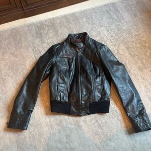 Genuine Buffalo Leather Moto Jacket XS Zip Front Black Button Zipper Ribbed